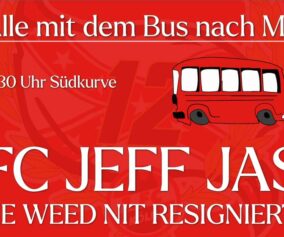 Alle mit dem Bus zum Auswärtsspiel in Mönchengladbach! Treffpunkt 11:30 Uhr hinter der Südkurve in Köln-Müngersdorf! Organisiert Busse und schließt euch an! FC jeff Jas - he weed nit resigniert!